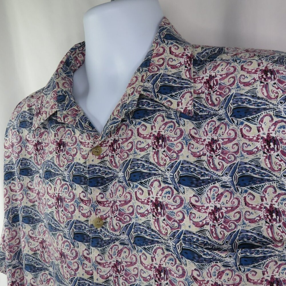 Kahala Hawaiian Shirt Mens L Octopus Fish Blue Pink Rayon Made in Hawaii
